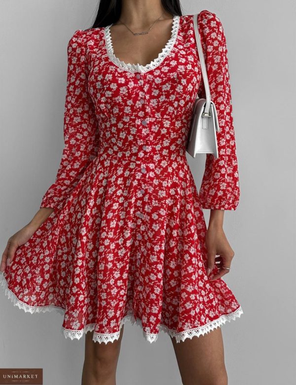 Купить красное Шифоновое платье мини на пуговицах женское по низким ценам