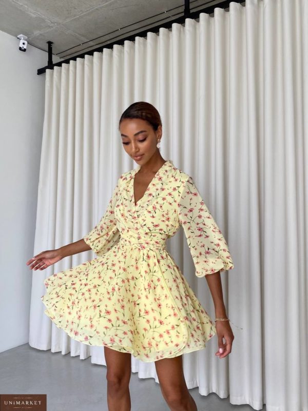 Придбати в інтернеті Шифонове плаття міні повітряне жіноче жовтого кольору за низькими цінами