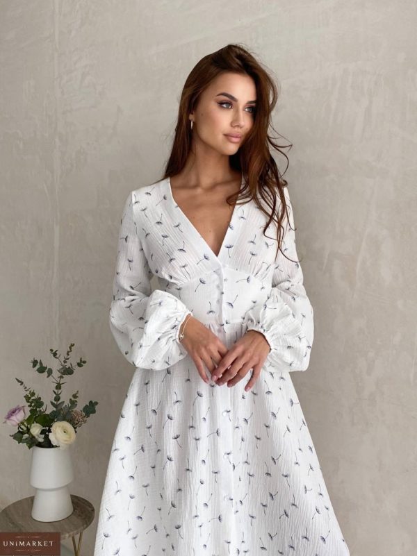 Купити зі знижкою дешево Бавовняна сукня з довгим рукавом для жінок біла