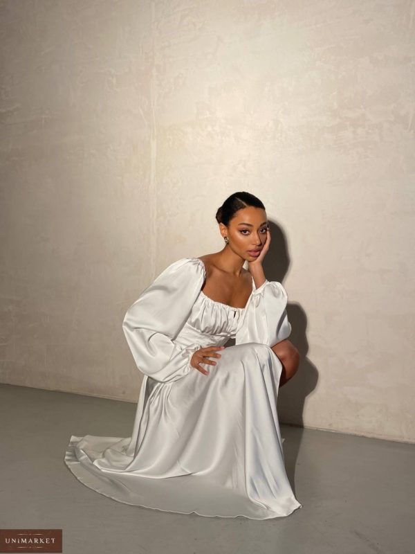 Купити дешево жіночу Шовкову сукню до підлоги з об'ємними рукавами білу