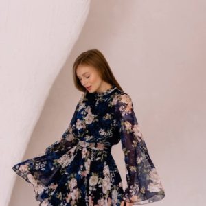 Заказать в Украине онлайн синее Шифоновое платье в цветочный принт женское