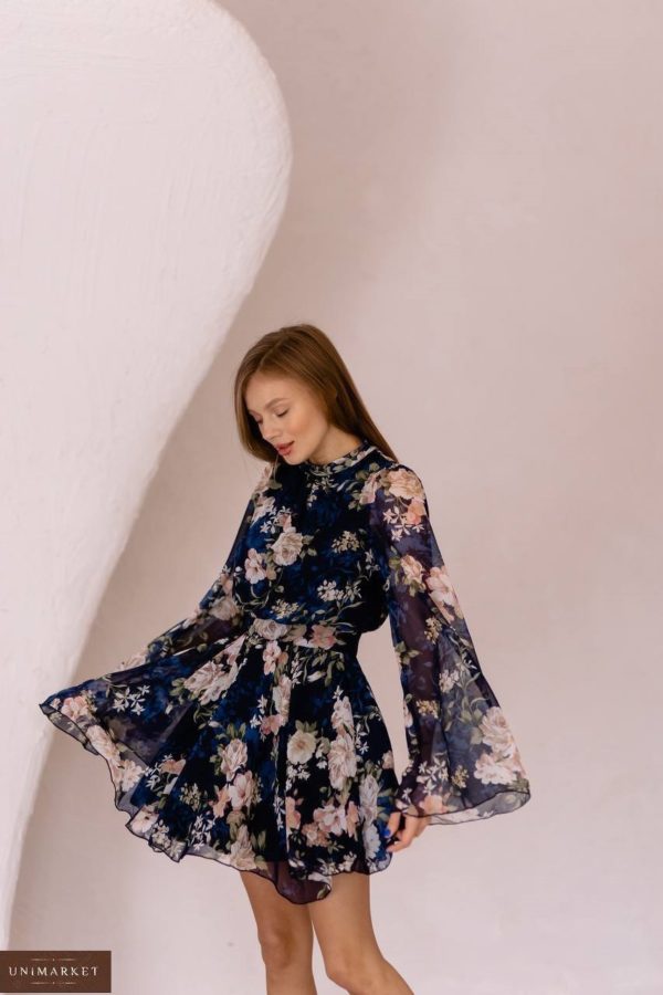 Заказать в Украине онлайн синее Шифоновое платье в цветочный принт женское