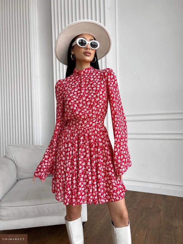 Купить женское Шифоновое платье в цветочный принт красное онлайн