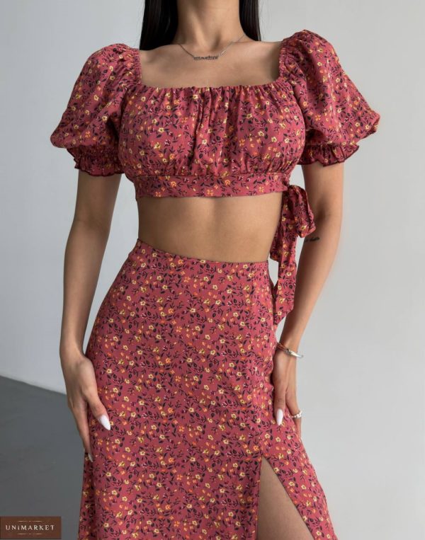 Заказать недорого женский Костюм: юбка макси+топ розово-коричневый