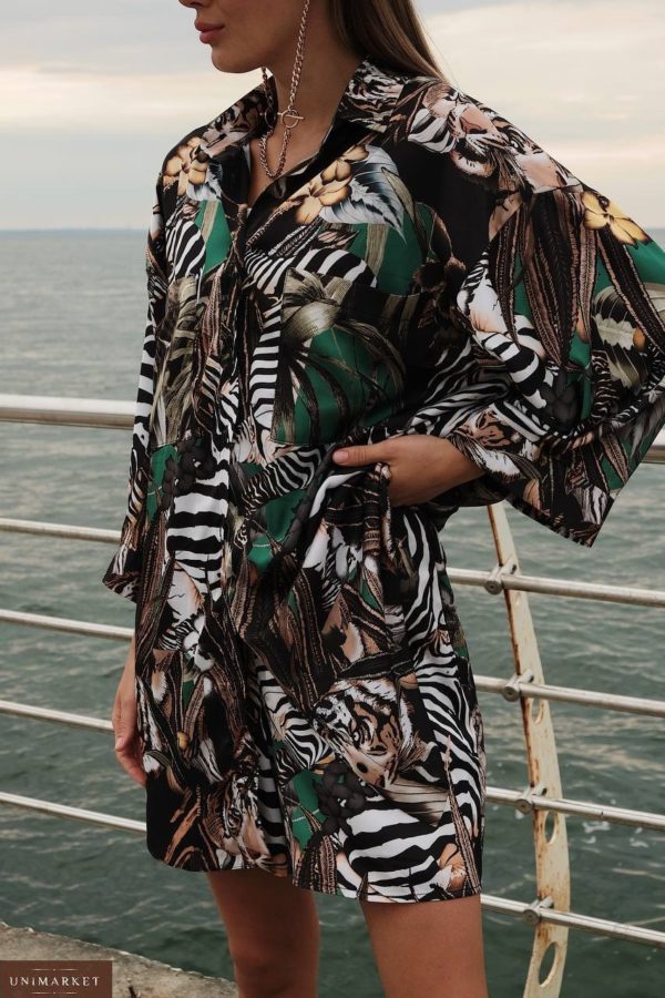 Заказать онлайн модный Шелковый принтованный летний костюм коричневый женский