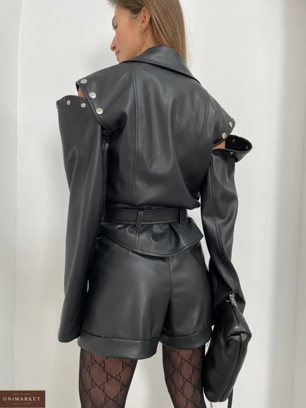 Купити чорну жіночу Куртку-косуху з розрізами на плечах в Україні