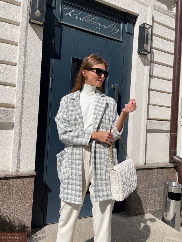 Купити сіре жіноче Подовжене пальто з твіду в Україні