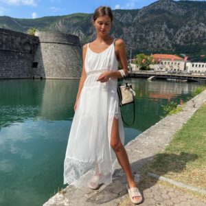 Заказать по скидке белое женское Шелковое платье с кружевом на лето