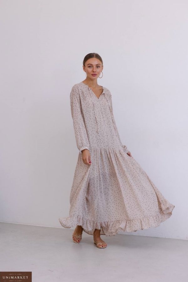 Купить в Украине Шифоновое платье оверсайз в горошек для женщин бежевого цвета