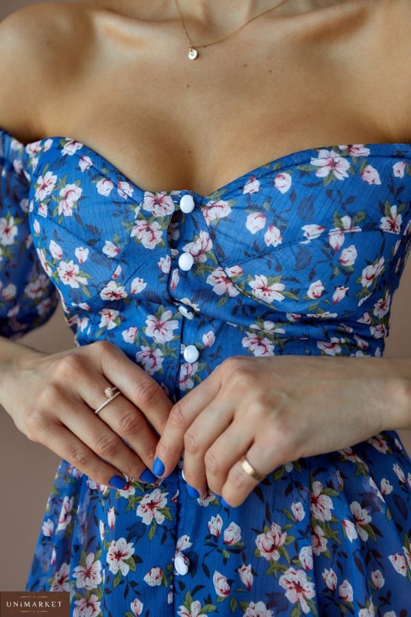 Замовити синю жіночу Літню шифонову сукню в квітковий принт в інтернеті