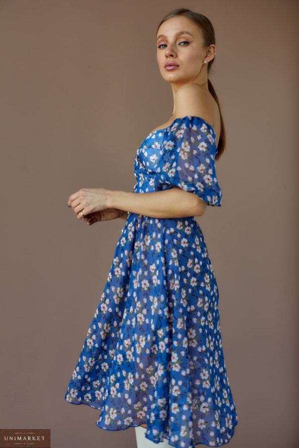 Приобрести синего цвета Летнее шифоновое платье в цветочный принт для женщин в Украине
