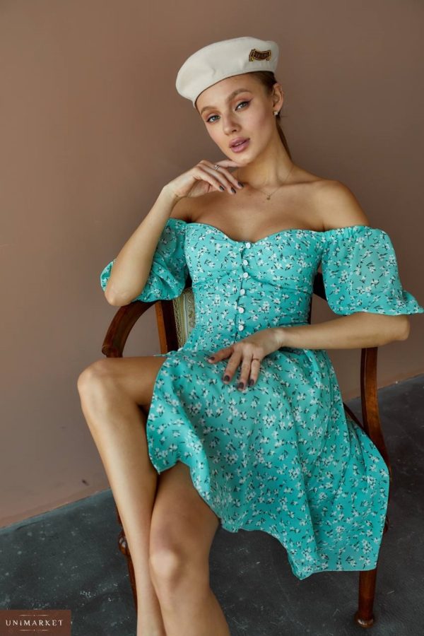 Купить выгодно Летнее шифоновое платье в цветочный принт бирюзовое женское