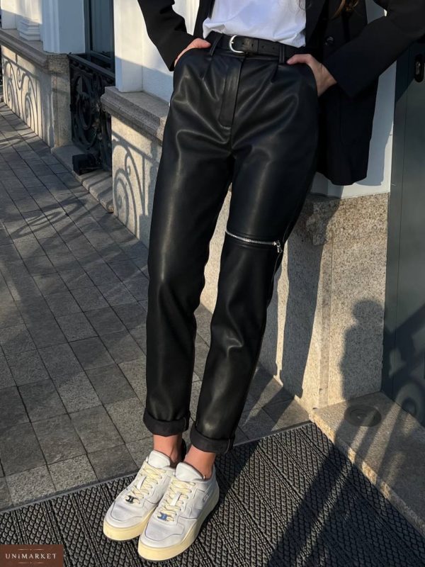 Заказать женские черного цвета Кожаные брюки с молнией в Украине