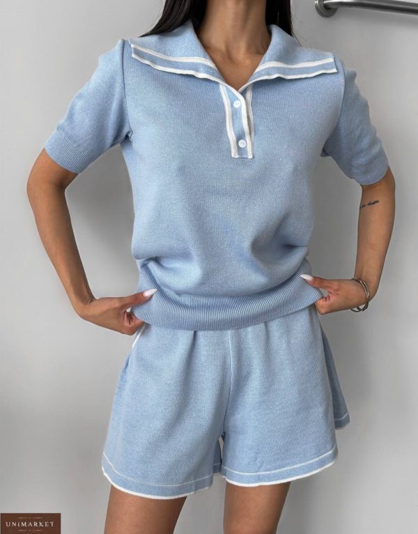 Купить голубой женский Трикотажный костюм с шортами (размер 40-48) по скидке