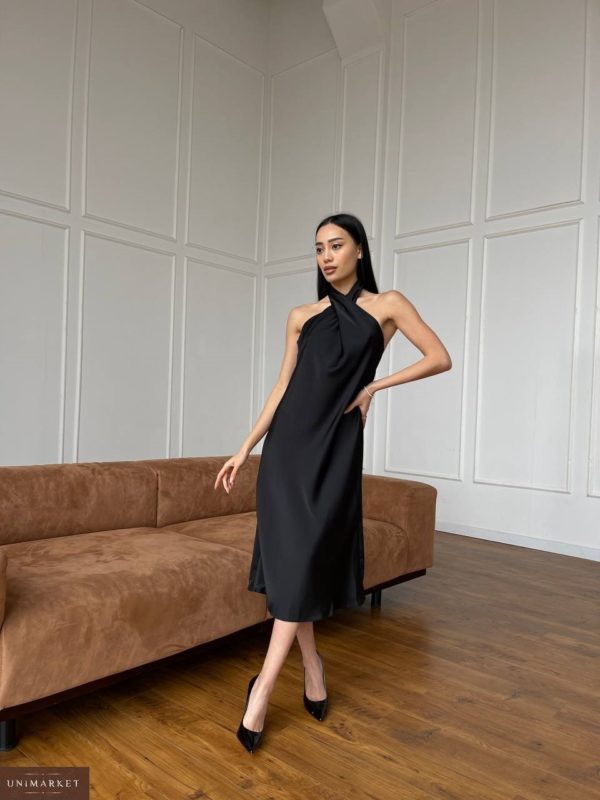 Заказать онлайн женское Шелковое платье с завязкой на шее черное