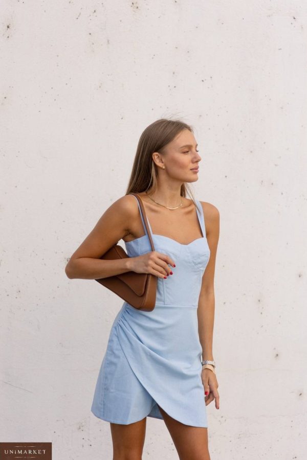 Придбати блакитну Сукню міні на запах із льону в інтернеті жіночу