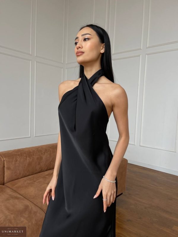 Купити в Україні чорну жіночу шовкову шовкову сукню із зав'язкою на шиї
