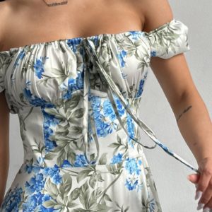 Приобрести голубое Шелковое платье макси с открытыми плечами для женщин недорого