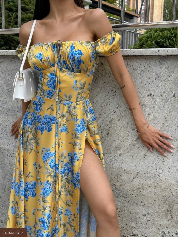 Купить желто-голубое Шелковое платье макси с открытыми плечами для женщин онлайн