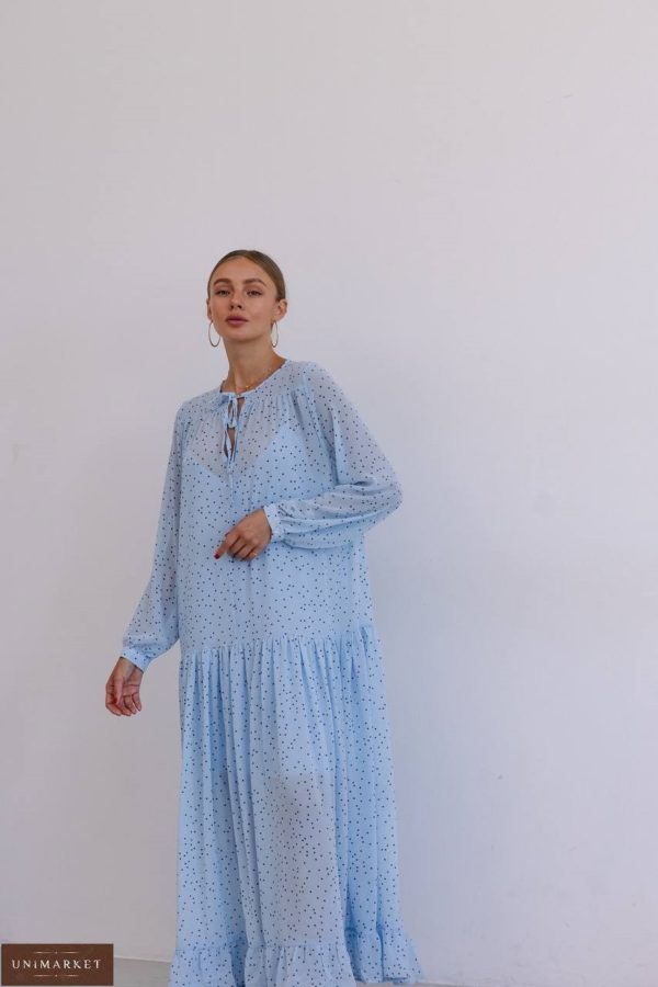 Купити блакитну жіночу Шифонову сукню оверсайз у горошок в Україні