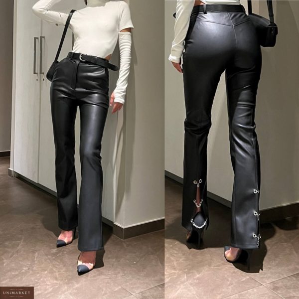Купить на осень черные женские Кожаные брюки с цепочками