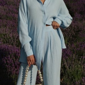 Купити блакитний жіночий Мусліновий костюм жатка зі знижкою в Україні