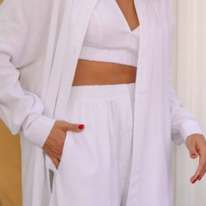 Купити літній жіночий Лляний костюм трійка з топом білого кольору