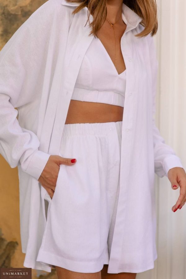 Купити літній жіночий Лляний костюм трійка з топом білого кольору