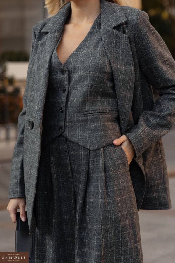Приобрести серый женский Костюм: пиджак и брюки палаццо дешево
