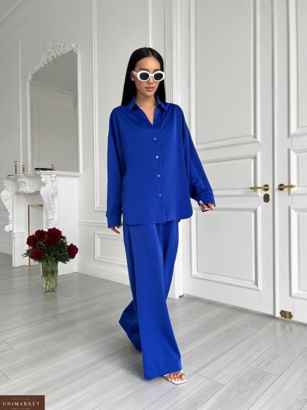 Замовити онлайн жіночий Сатиновий костюм із сорочкою синього кольору
