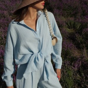 Замовити жіночий Мусліновий костюм жатка блакитного кольору на літо
