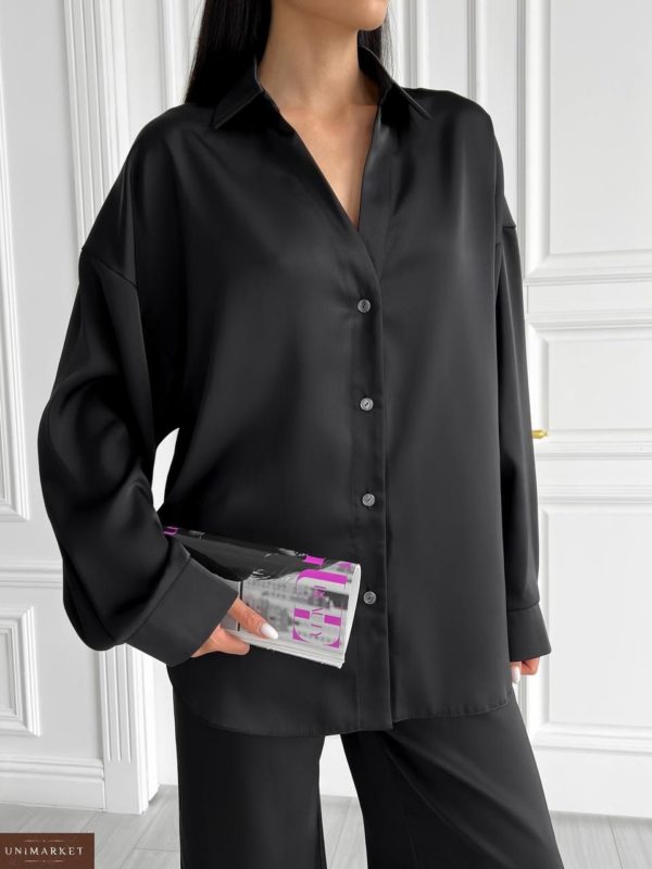 Купити в Україні чорний Сатиновий костюм із сорочкою для жінок