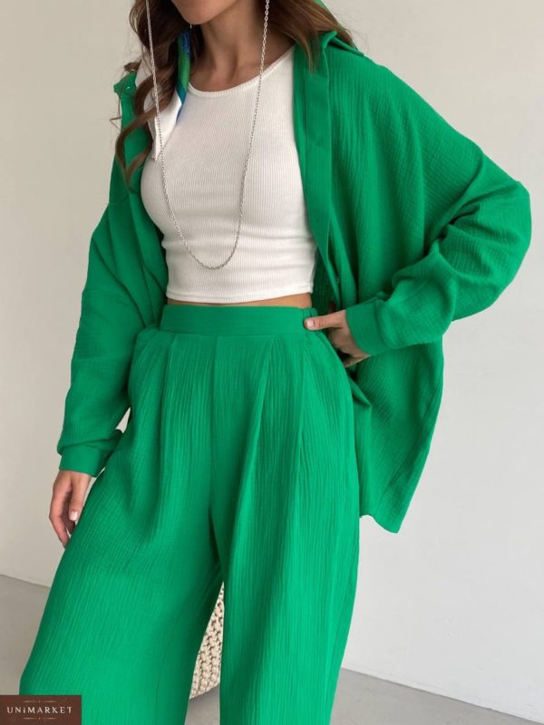 Замовити онлайн зелений Мусліновий зелений костюм жатка для жінок