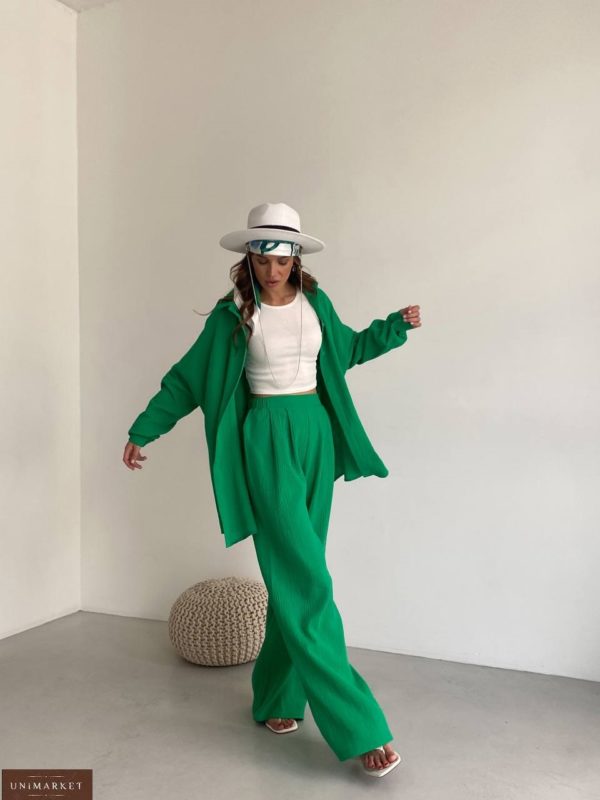Купити вигідно Мусліновий костюм жатка для жінок зеленого кольору