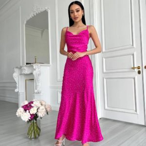 Замовити вечірнє жіноче Плаття комбінація максі в горошок рожеве онлайн