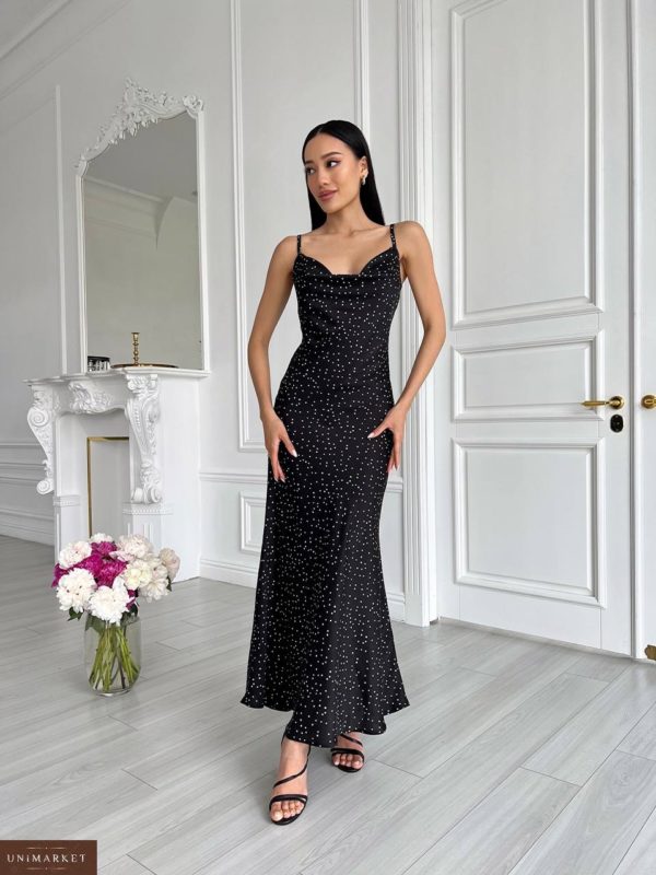 Купить черное женское Платье комбинация макси в горошек в Украине