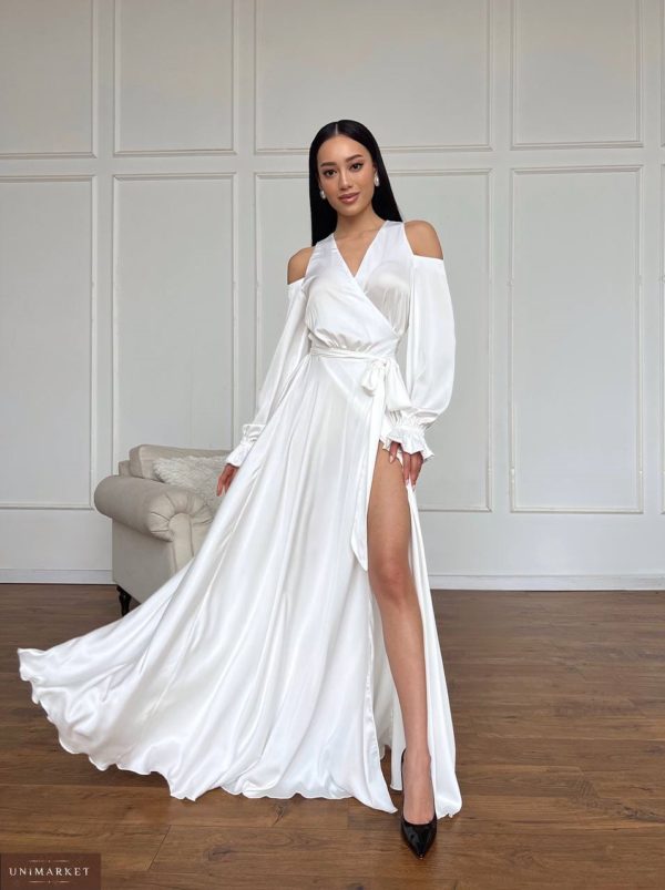 Купить женское белое Длинное шелковое платье на запах (размер 42-48) для женщин