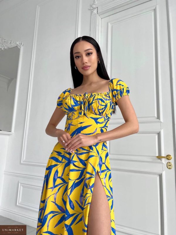 Купить желто-голубое Принтованное платье макси для женщин онлайн