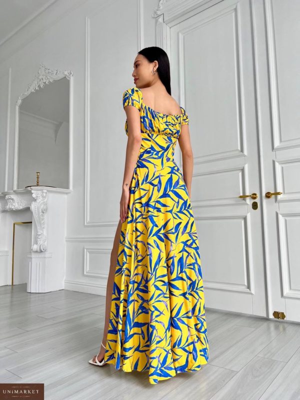 Заказать по скидке желто-синее Принтованное платье макси женское
