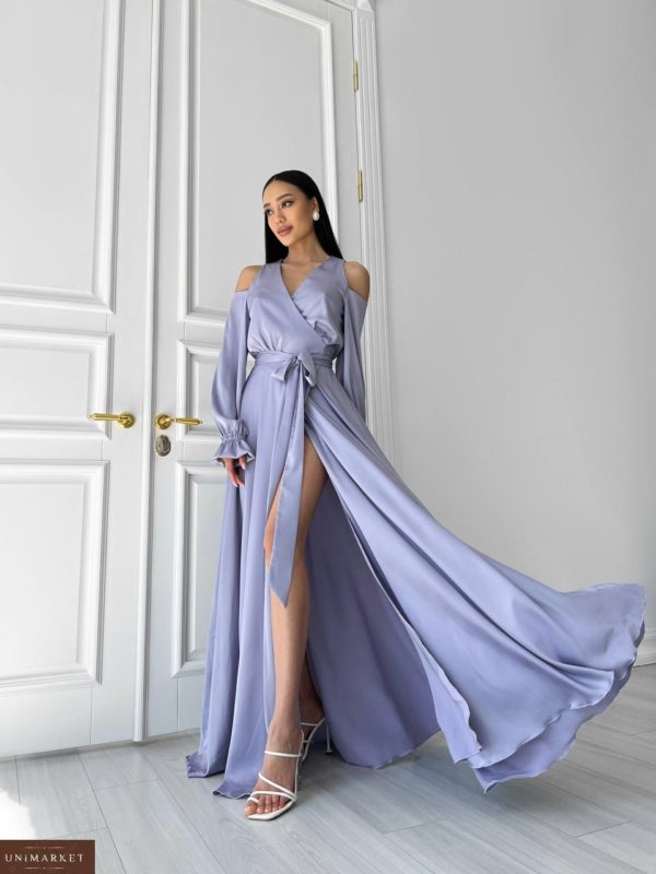 Купить выгодно сиреневое Длинное шелковое платье на запах (размер 42-48) для женщин