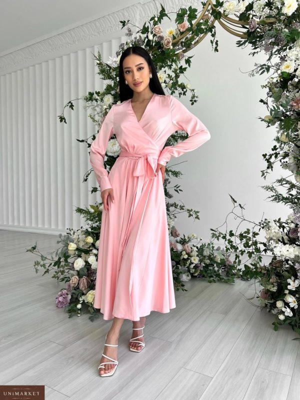 Купити зі знижкою Шовкову сукню на запах з довгим рукавом міді рожеву