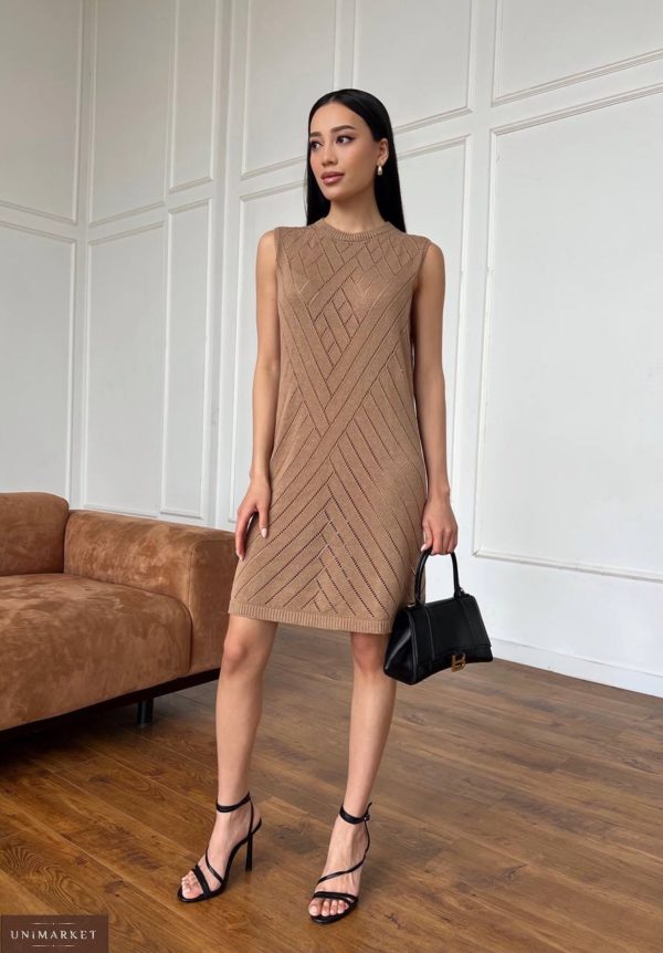 Купить Вязаное бесшовное платье (размер 42-48) дешево коричневое онлайн