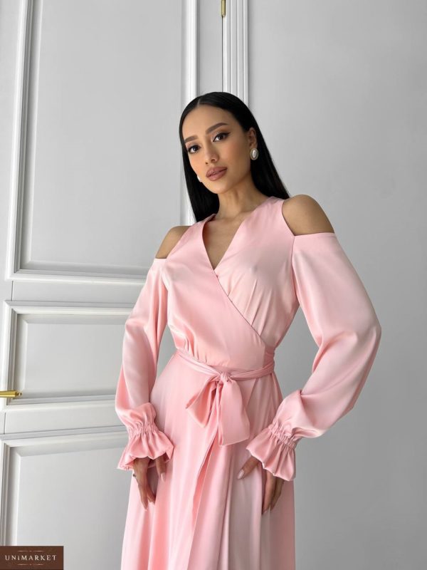 Приобрести Длинное шелковое платье на запах (размер 42-48) розовое женское онлайн