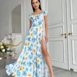 Купить женское Принтованное платье макси желто-голубое в Украине