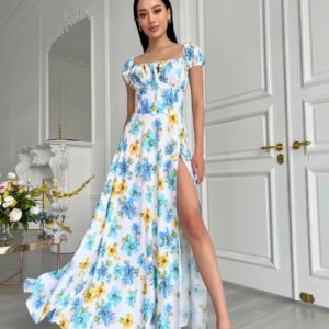 Купити жіночу Принтовану сукню максі жовто-блакитну в Україні