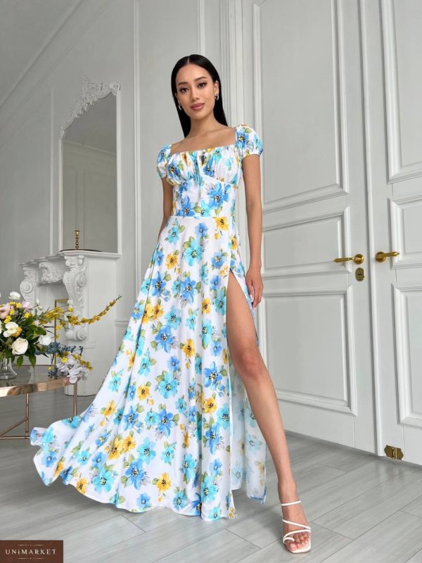 Купить женское Принтованное платье макси желто-голубое в Украине