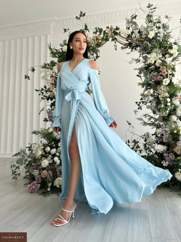 Купить по низким ценам голубое Длинное шелковое платье на запах (размер 42-48) онлайн