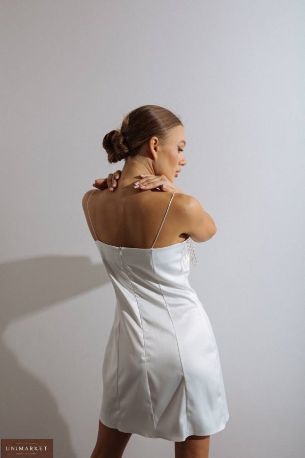 Придбати дешево білу Атласну сукню міні зі стразами на свято