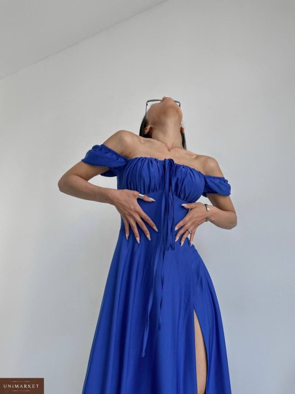 Купить синее Вечернее платье в пол с открытыми плечами женское онлайн