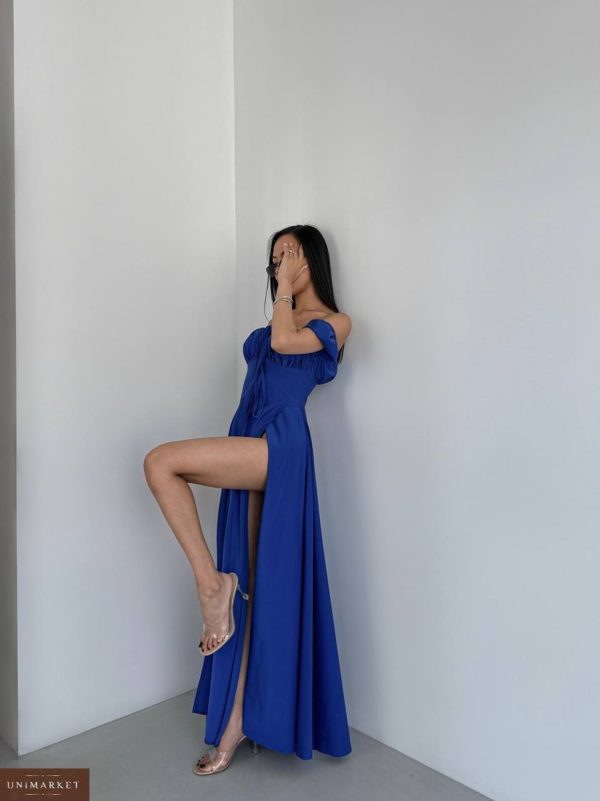 Замовити жіночу Вечірню сукню до підлоги з відкритими плечима синього кольору зі знижкою